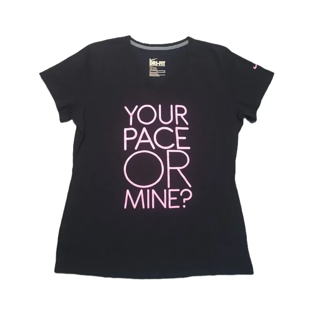 NIKE Dri- Fit Slim Fit T-Shirt Womens XL V Neck Black Pink 